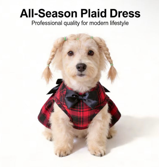 Dog & Cat Large Plaid Academic Style Bow Dress